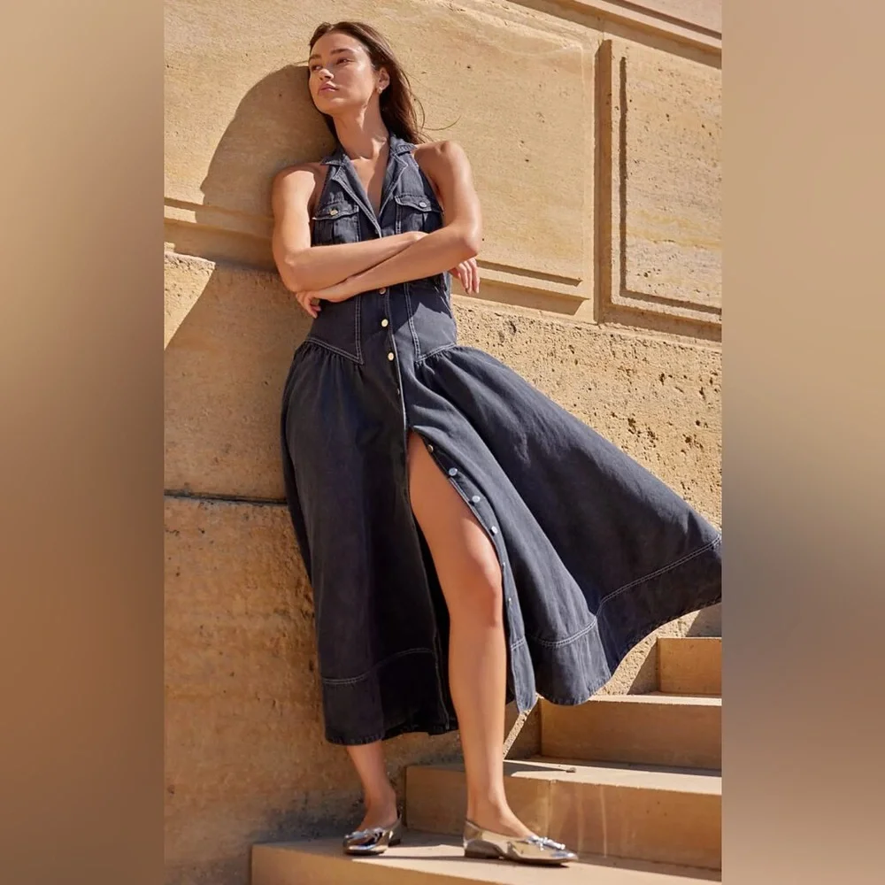 Free People Black Denim Button Down Halter Neck Backless Soundwave Maxi Dress